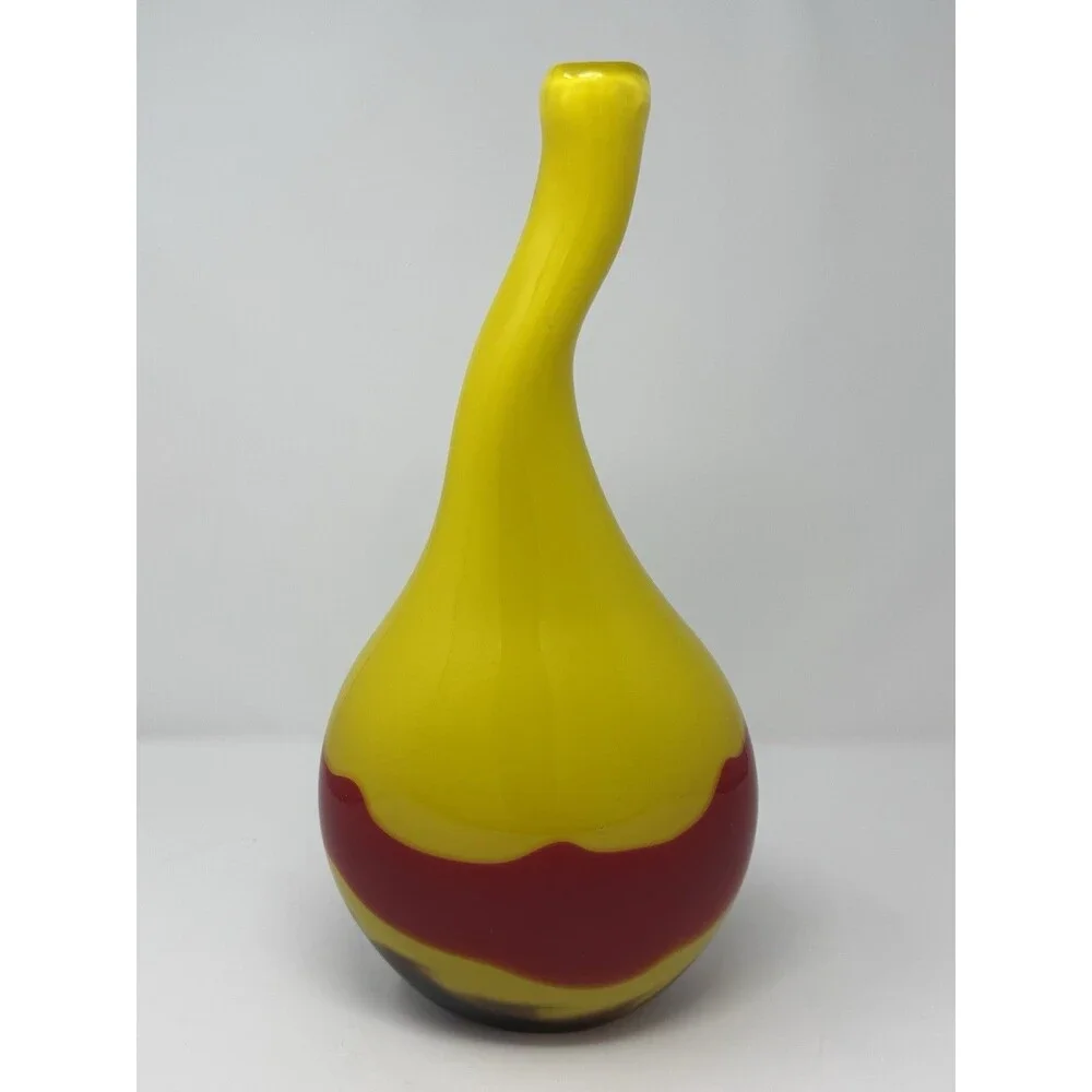 Yellow Red Brown Swirl Art Glass Vase Glossy Decorative Finish